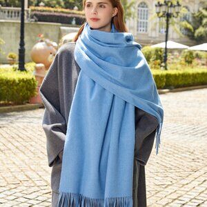 Oversized Blanket Scarf Baby Blue Fringe Wrap